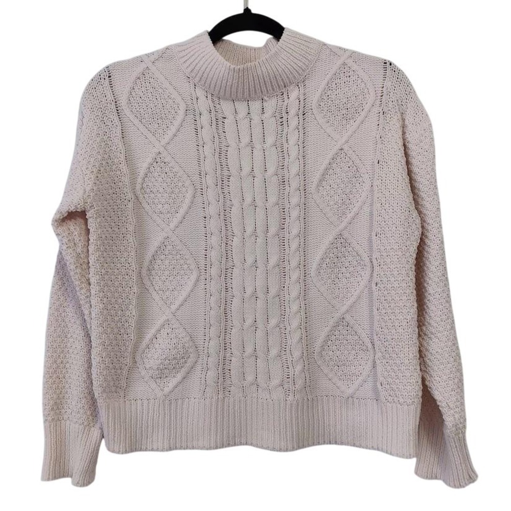 Poof Apparel Sweater Womens Small White Cable Knit‎ Mock Neck Pullover Cozy